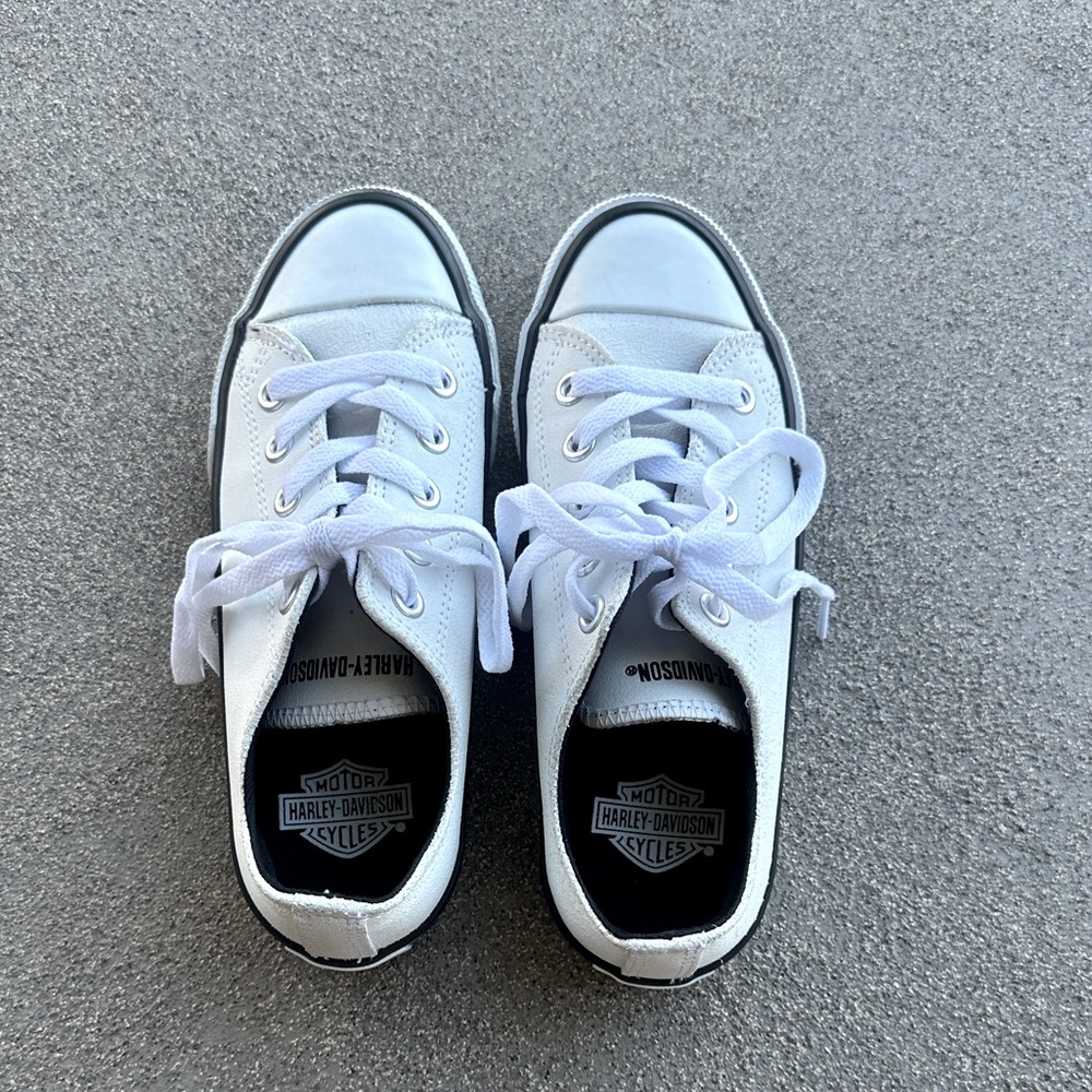 Harley-Davidson White Low Top Sneakers Logo Canvas Lace-Up Shoes - Sz 7